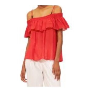 Antik Batik Felicia Cold-Shoulder Shirred Broderie Anglaise Cotton Red Top Small